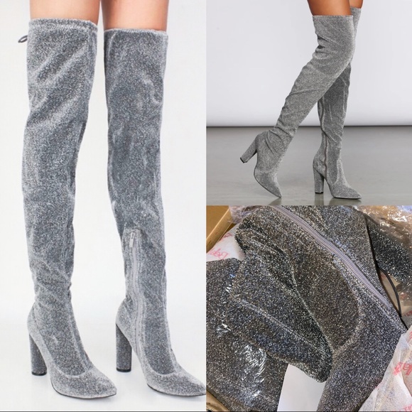 heavenlyscloset Shoes - Shimmery Silver Glitter Thigh High Boots